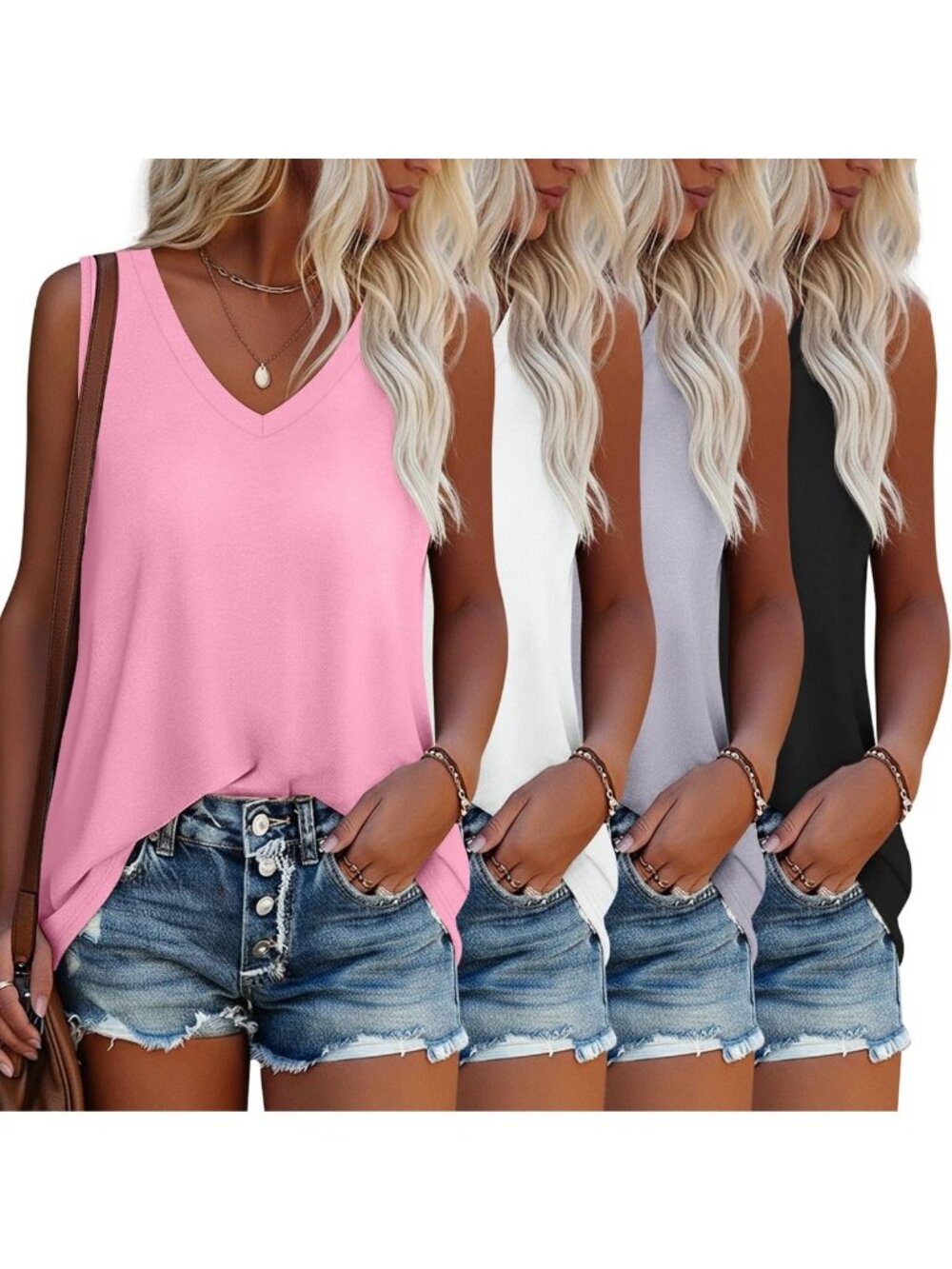 4 Pack Women's V Neck Tank Tops Loose Fit Flowy Shirt